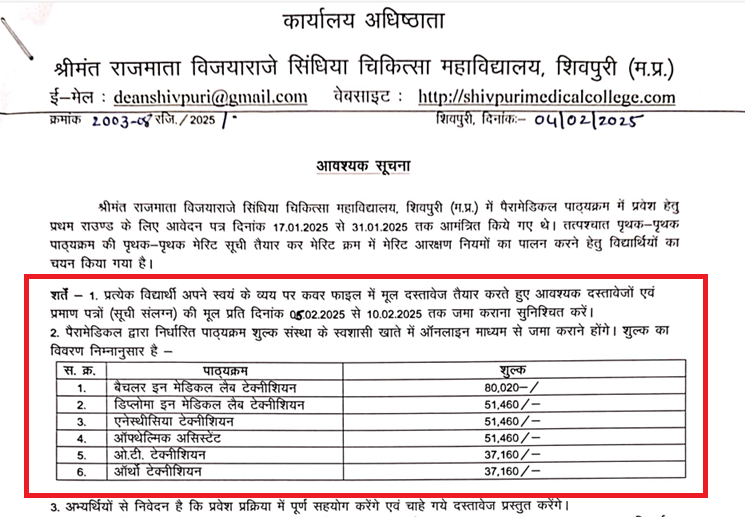 GMC Shivpuri Paramedical Merit List 2025