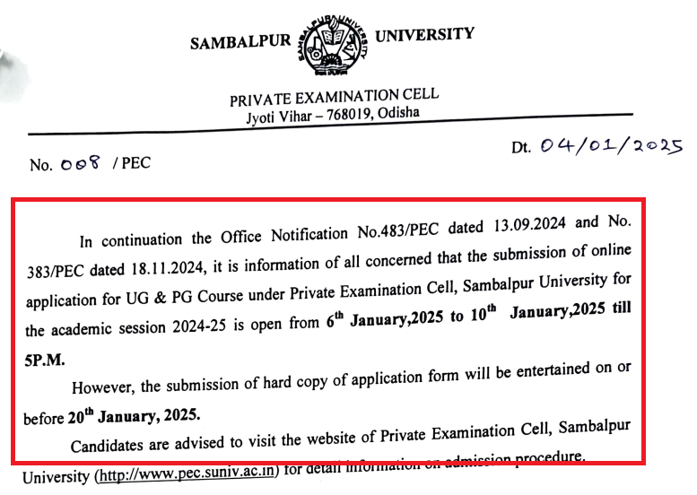 Sambalpur University Opens UG and PG Application 2024-25; Apply Before January 10