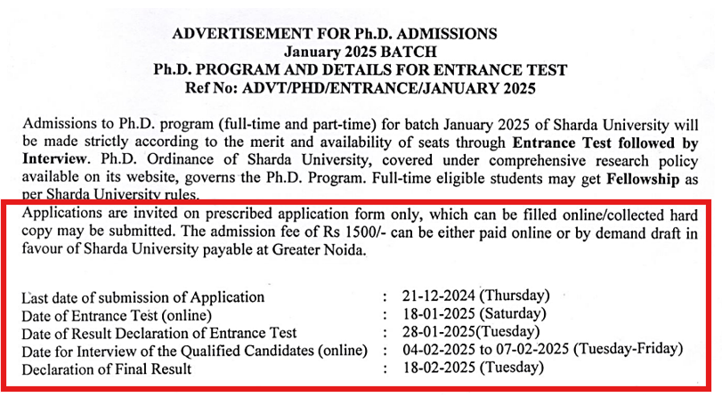 Sharda University PhD Admission 2025