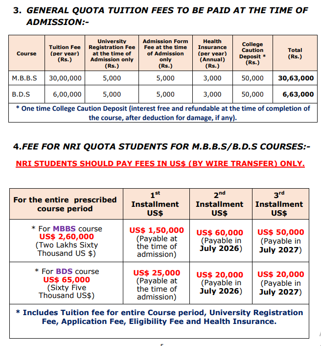 Fees as per official website