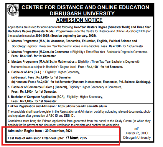Dibrugarh University Distance and Online Education Admissions Open for 2025