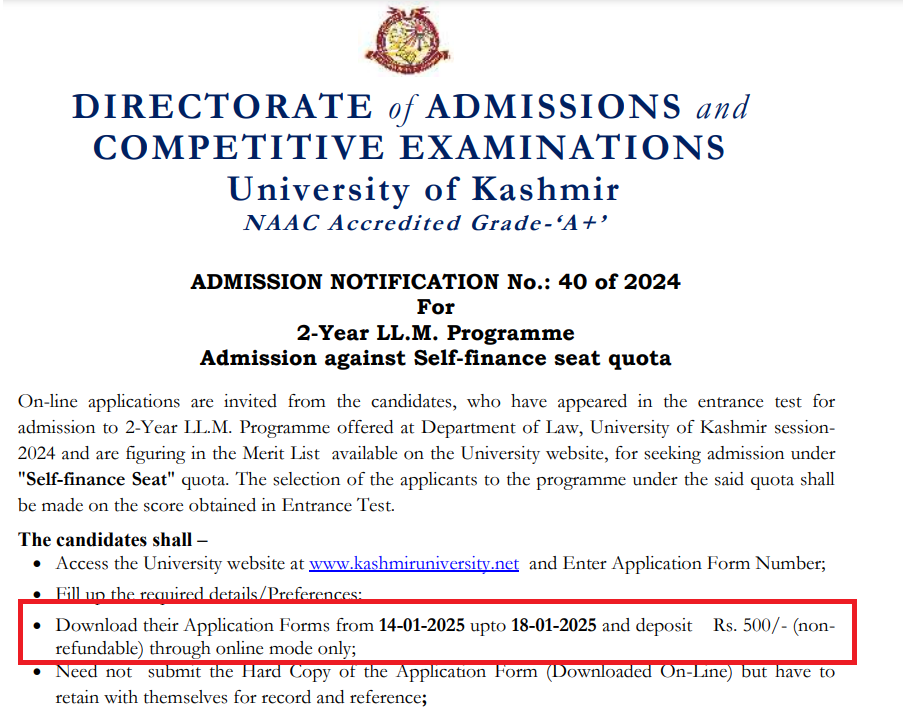University of Kashmir llm admission 2025