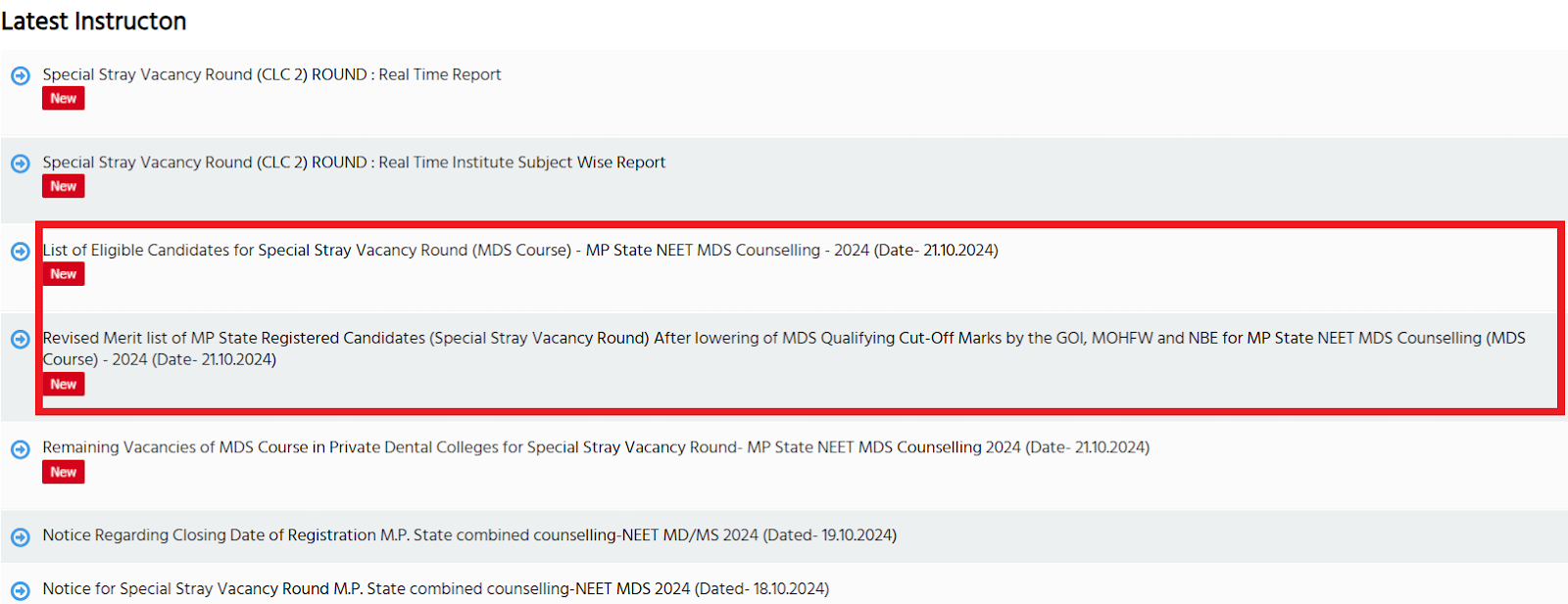 MP NEET Counselling 2024 Revised Merit and List of Eligible Candidates for Special Stray Vacancy Round Released