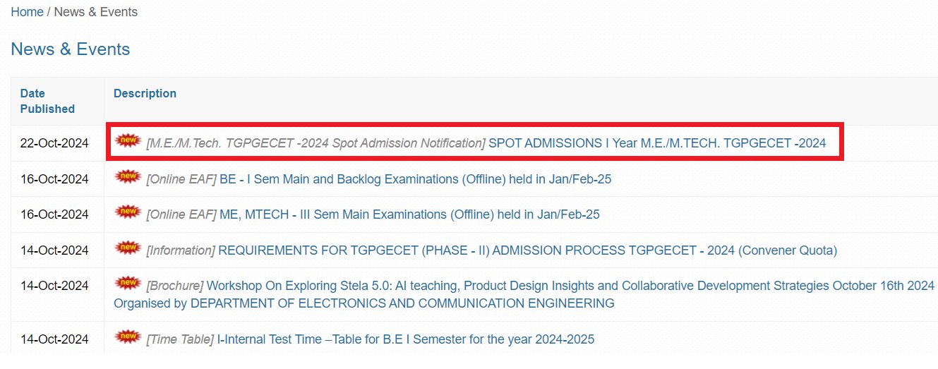 VCE Starts Spot Admission for I Year M.E./M.Tech. Under TGPGECET-2024