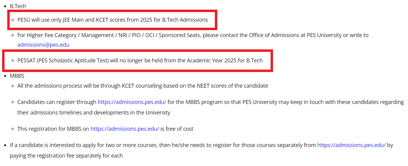 PES University Grants Only JEE Main and KCET Scores for Admission in B. Tech 2025