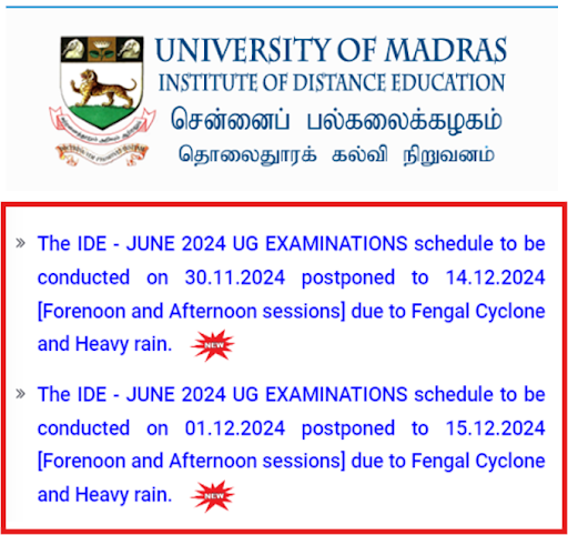 University of Madras Postpones IDE JUNE 2024