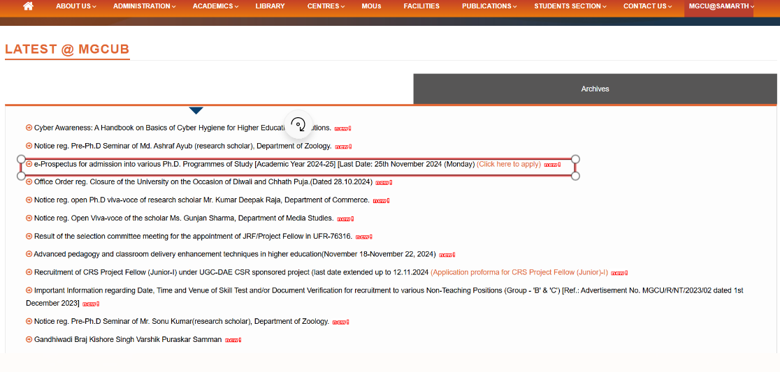 Mahatma Gandhi Central University PhD Admission