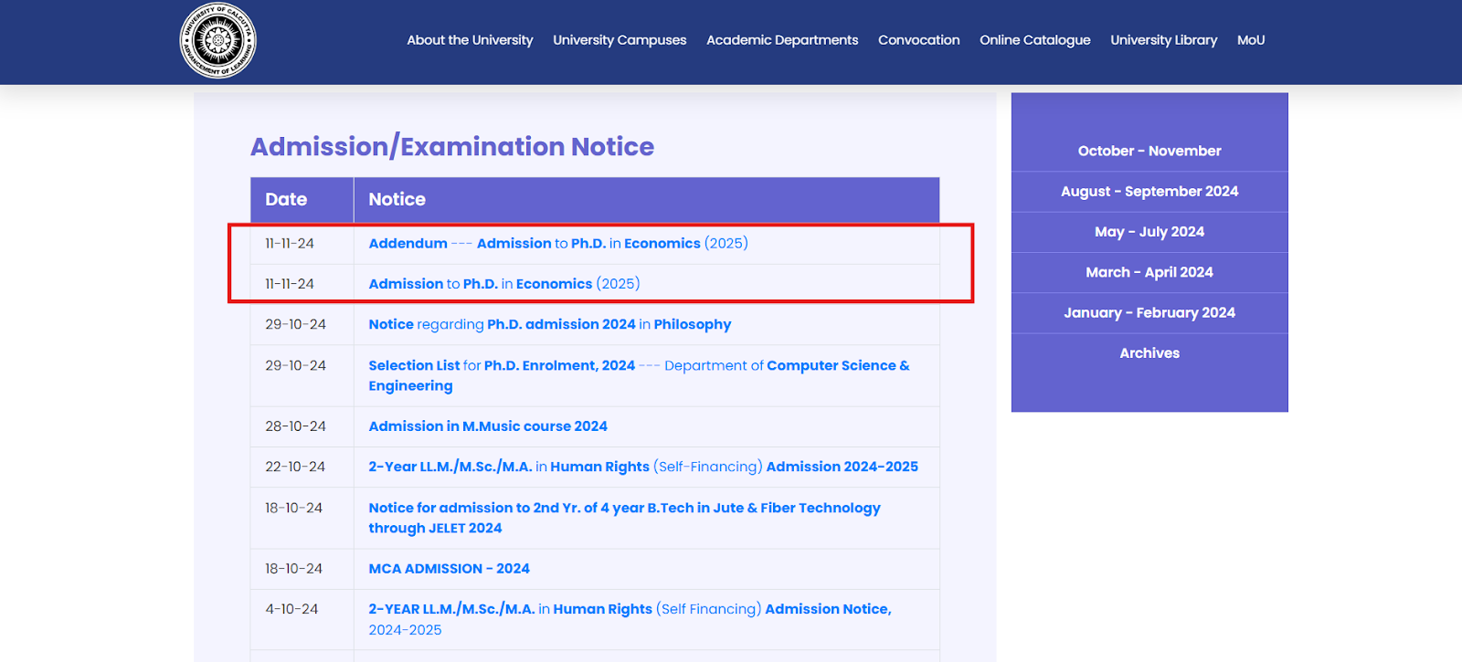 University of Calcutta Opens Admission For Ph.D. in Economics AY 2025