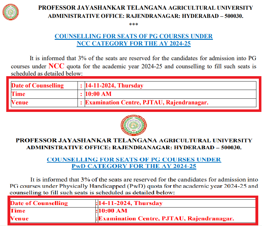 PJTSAU to Conduct Counselling for Admission to PG Courses Under PwD Quota and NCC Quota