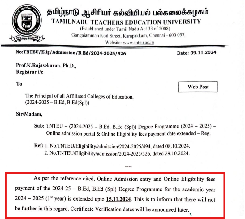 TNTEU Extends Admission Deadline for B.Ed and B.Ed (Spl) Program