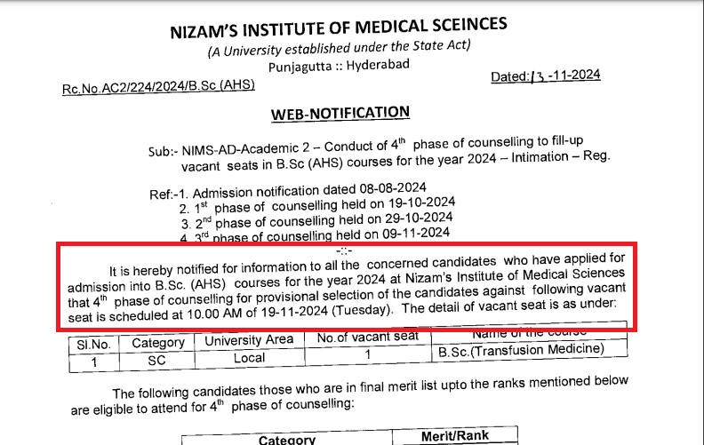NIMS University B.Sc. AHS Fourth Phase Counselling