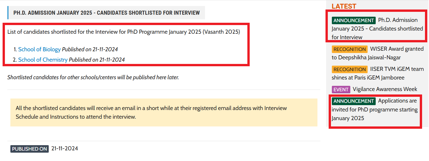 IISER TVM PhD List of Shortlisted Candidates