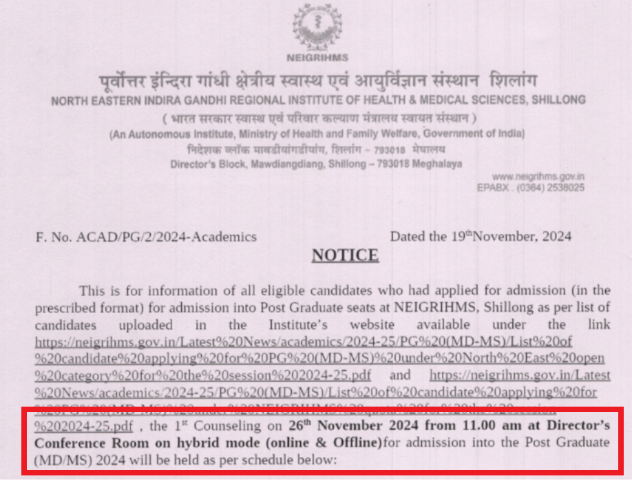 NEIGRIHMS Round 1 Counselling for Admission to MD/MS