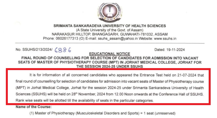SSUHS Final Round Counselling for Admission to MPT