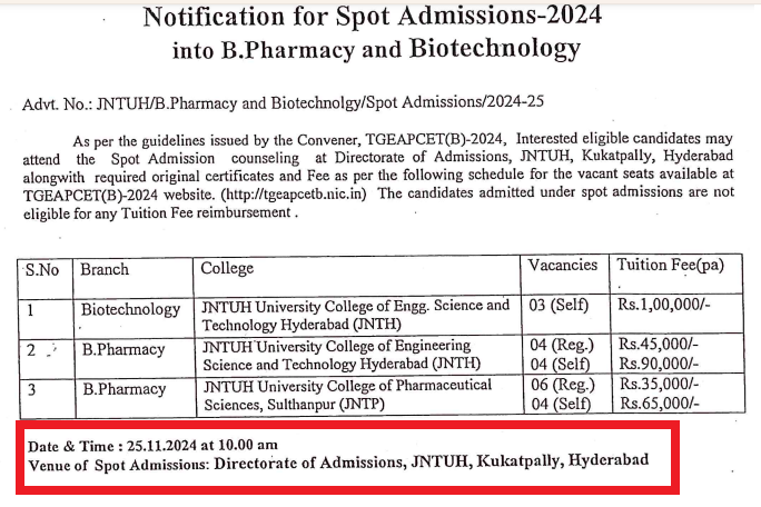 JNTUH UG Spot Admission 2024-25