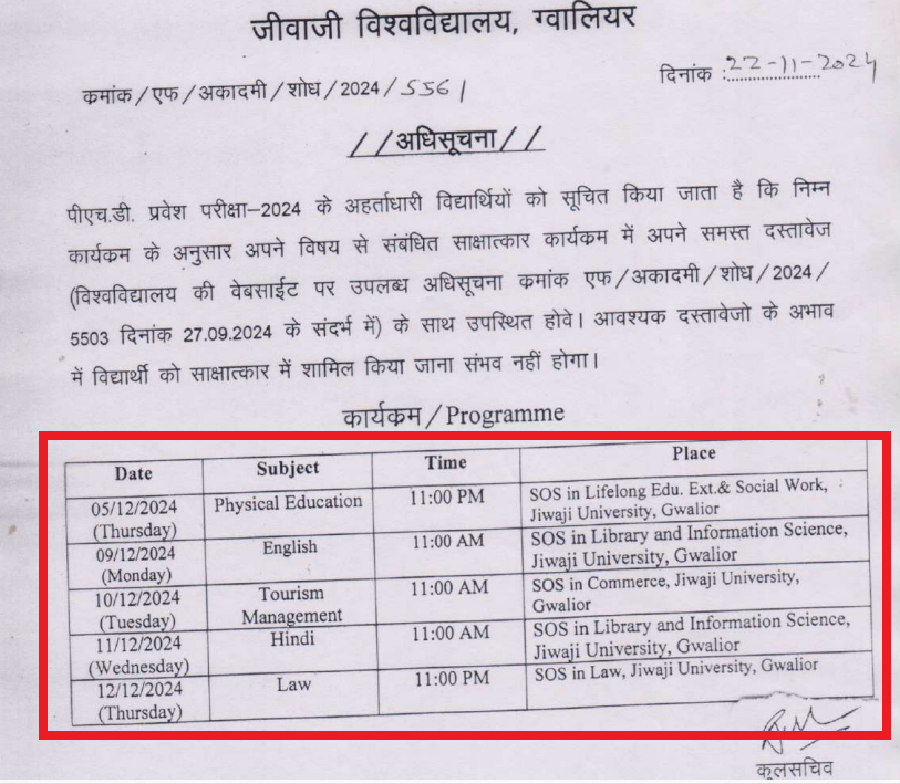 Jiwaji University PhD Interview 2024