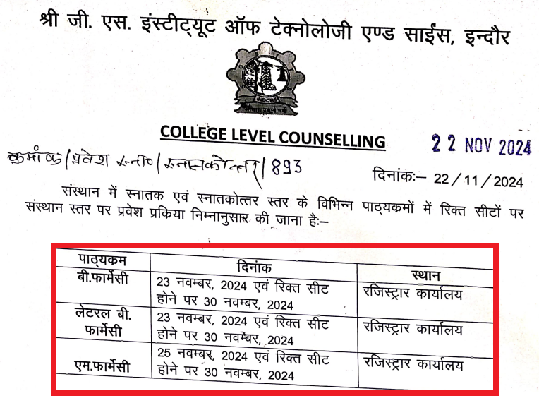 SGSITS UG and PG Counselling on November 30