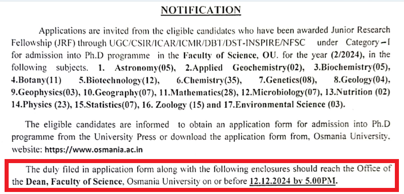 Osmania University PhD admission
