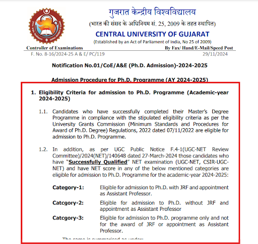 Central University of Gujarat PhD notice