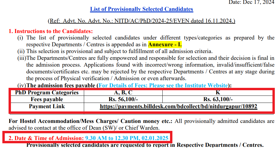 NIT Durgapur PhD Merit List 2024-25
