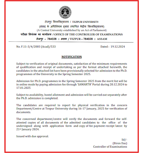 Tezpur University Notice