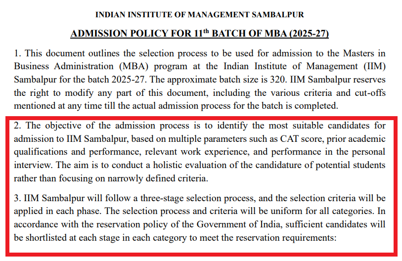 IIM Sambalpur Releases Admission Policy for MBA 2025-27