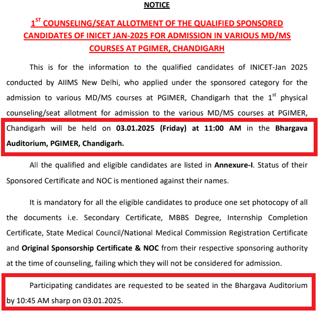 PGIMER Chandigarh1st Counseling for MD/MS Admissions