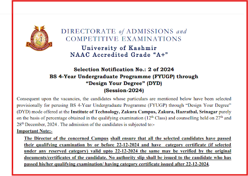 Kashmir University Merit List