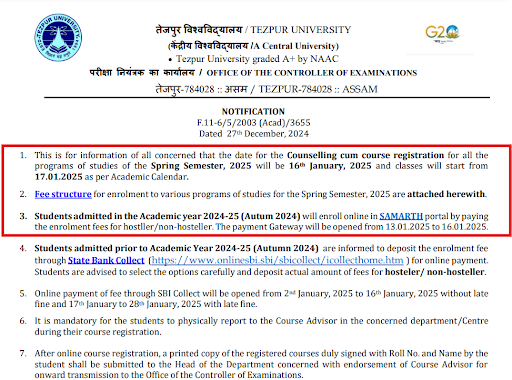 Tezpur University Admission Notice