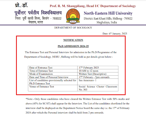 NEHU PhD Admission Schedule