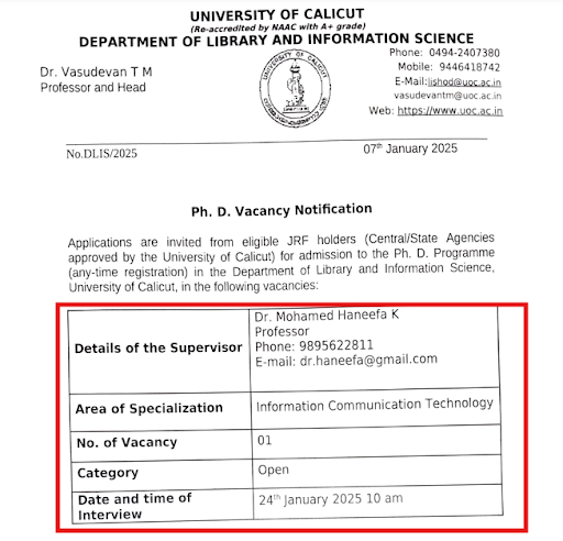 Calicut University PhD Admission Notice