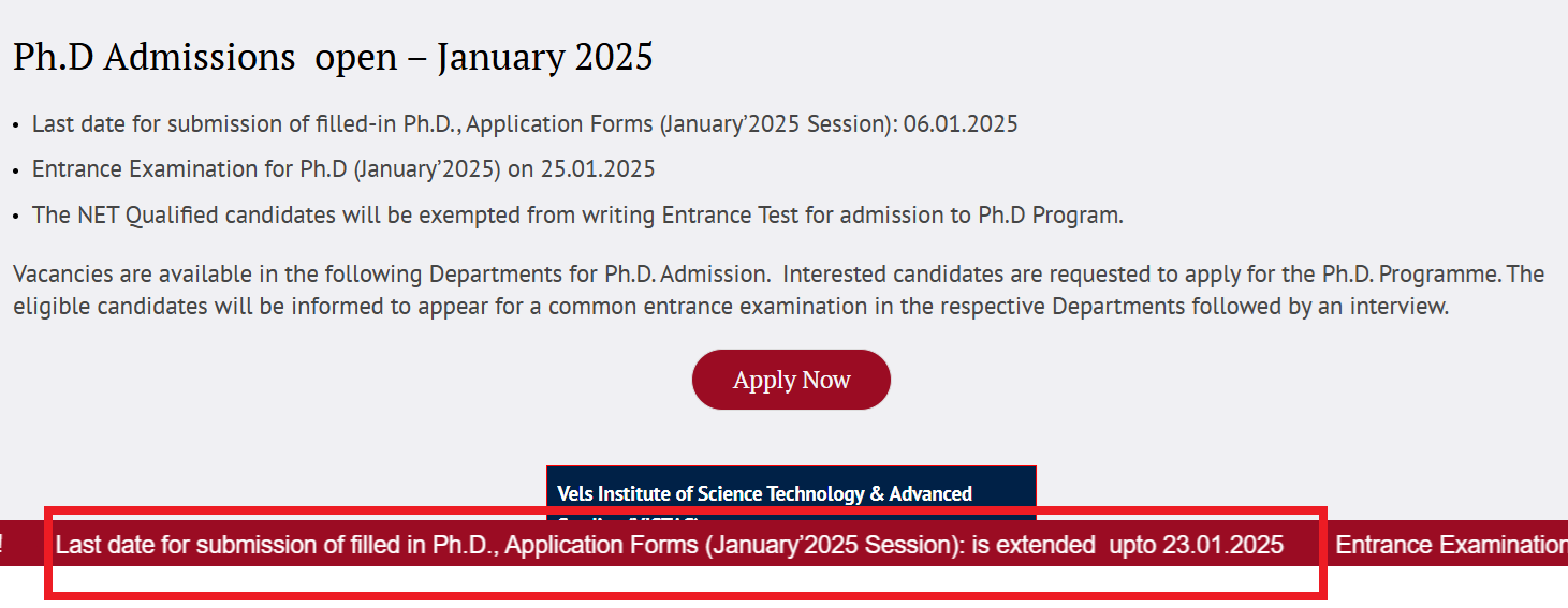 VELS University PhD Admission
