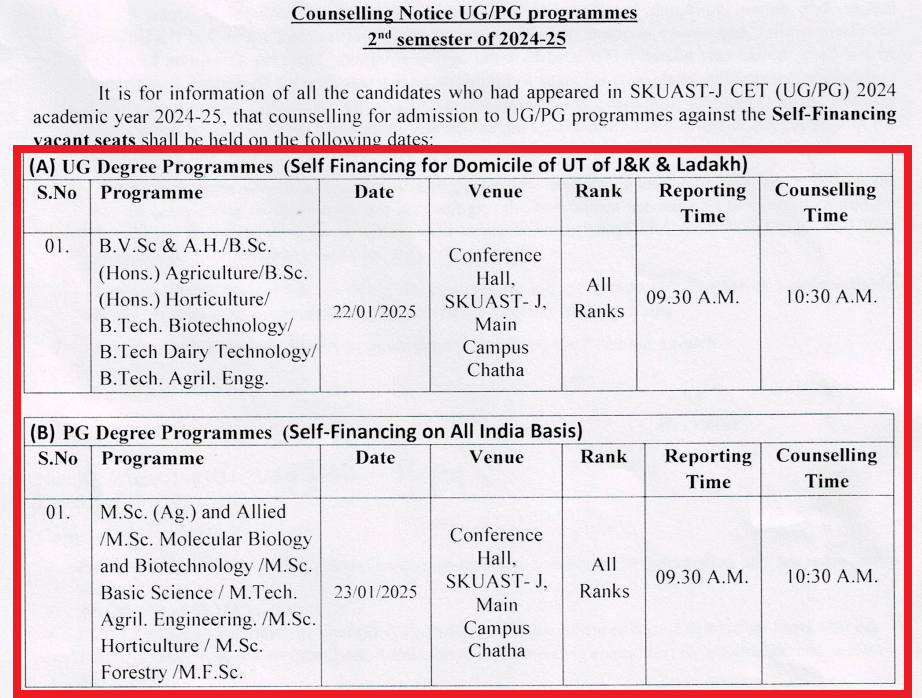 SKUAST Jammu Counselling Schedule