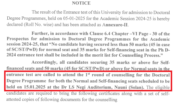 YSPUHF PhD Entrance Exam Result 2024-25 Out
