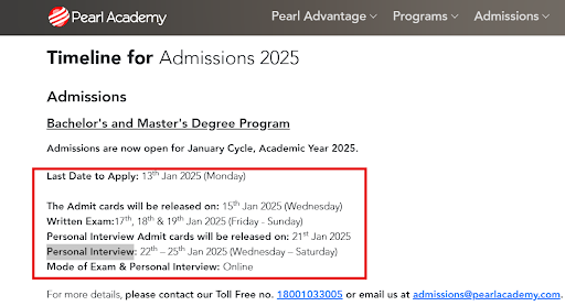 Pearl Academy Admission Schedule