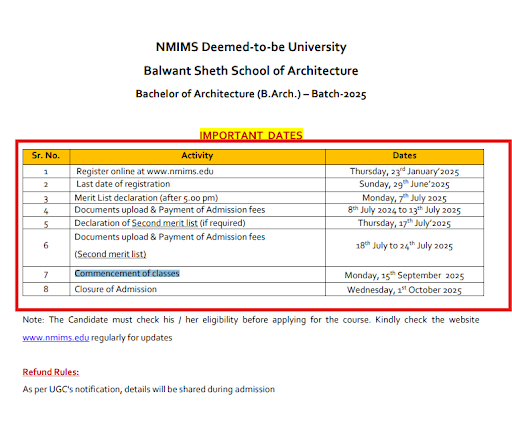 NMIMS School of Architecture Schedule