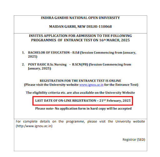 IGNOU B.Ed and BSCN Notice