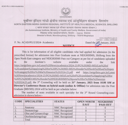 NEIGRIHMS MD MS Counselling Notice