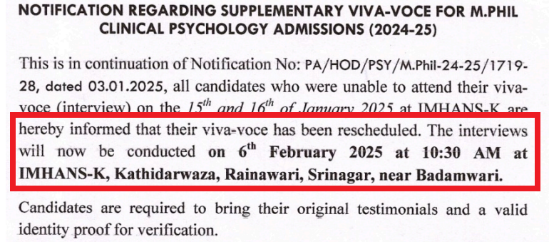 GMC Srinagar Reschedules M.Phil Clinical Psychology Viva Voce