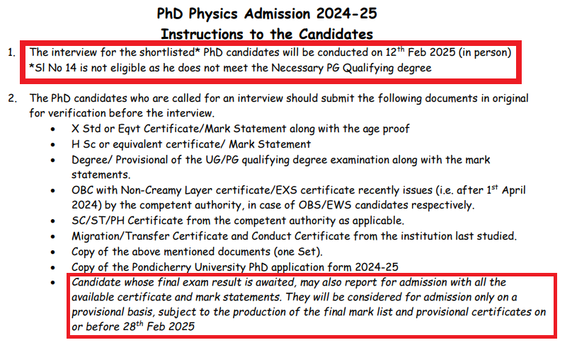 Pondicherry University PhD schedule