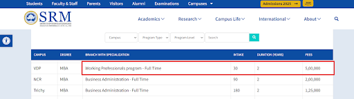 SRMIST VDP MBA Working Professional Fee
