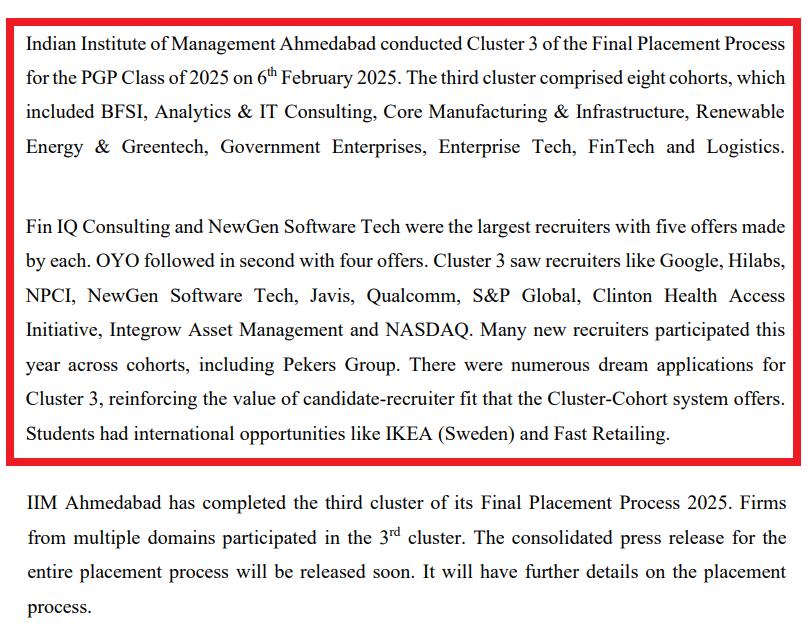 IIM Ahmedabad Cluster 3 Placement 2025
