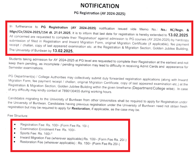 Burdwan University PG Registration