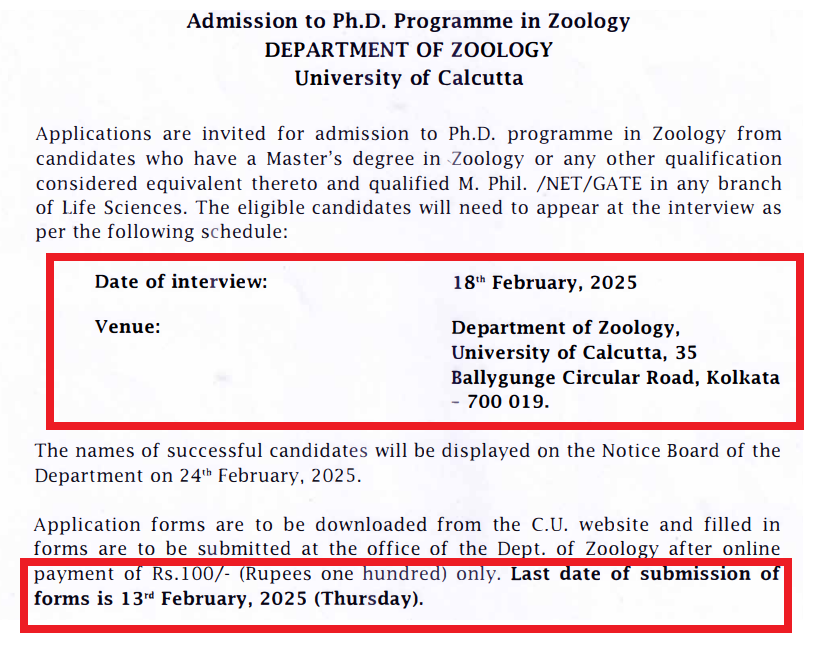 Calcutta University PhD Admission