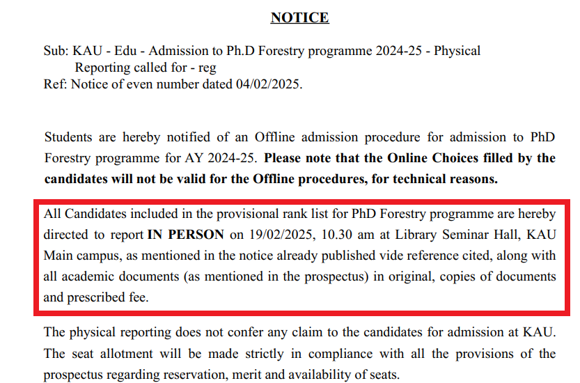 KAU Thrissur PhD Forestry Admission 