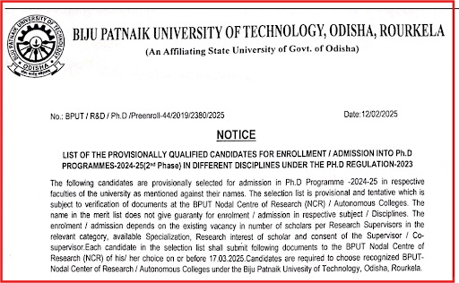BPUT PhD Program Provisional Merit List