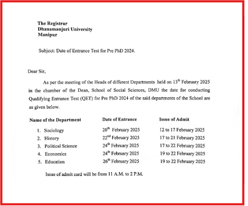 Dhanamanjuri University Entrance Test Notice