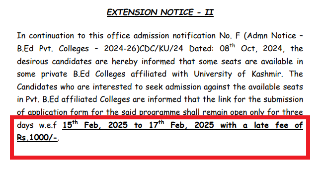 Kashmir University B.Ed Admission