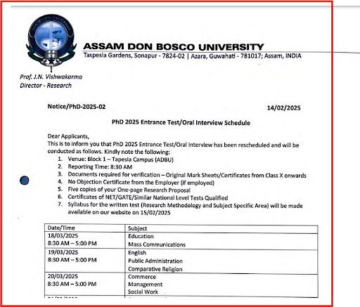 ASDU PhD Interview Schedule