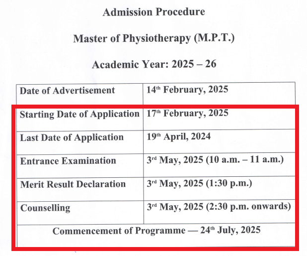 CHARUSAT MPT Admission Schedule 2025-26